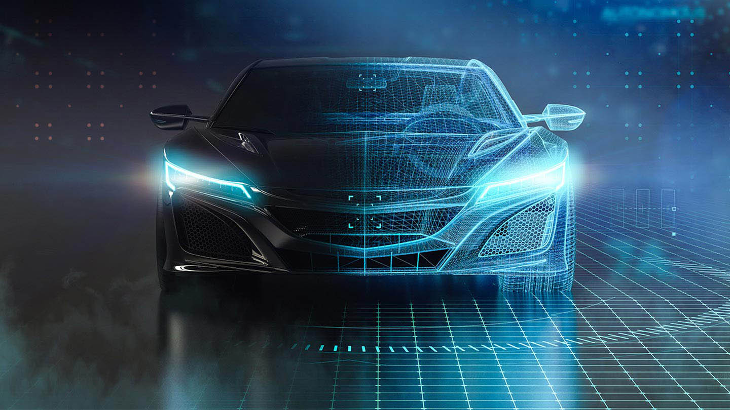 Futuristic sports car wireframe intersection with custom LED lights (3D Illustration)